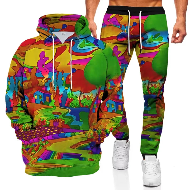 Ink graffiti style 3D printed autumn hoodie and sweatpants set for men, streetwear two-piece tracksuit from ShineOn Fulfillment.