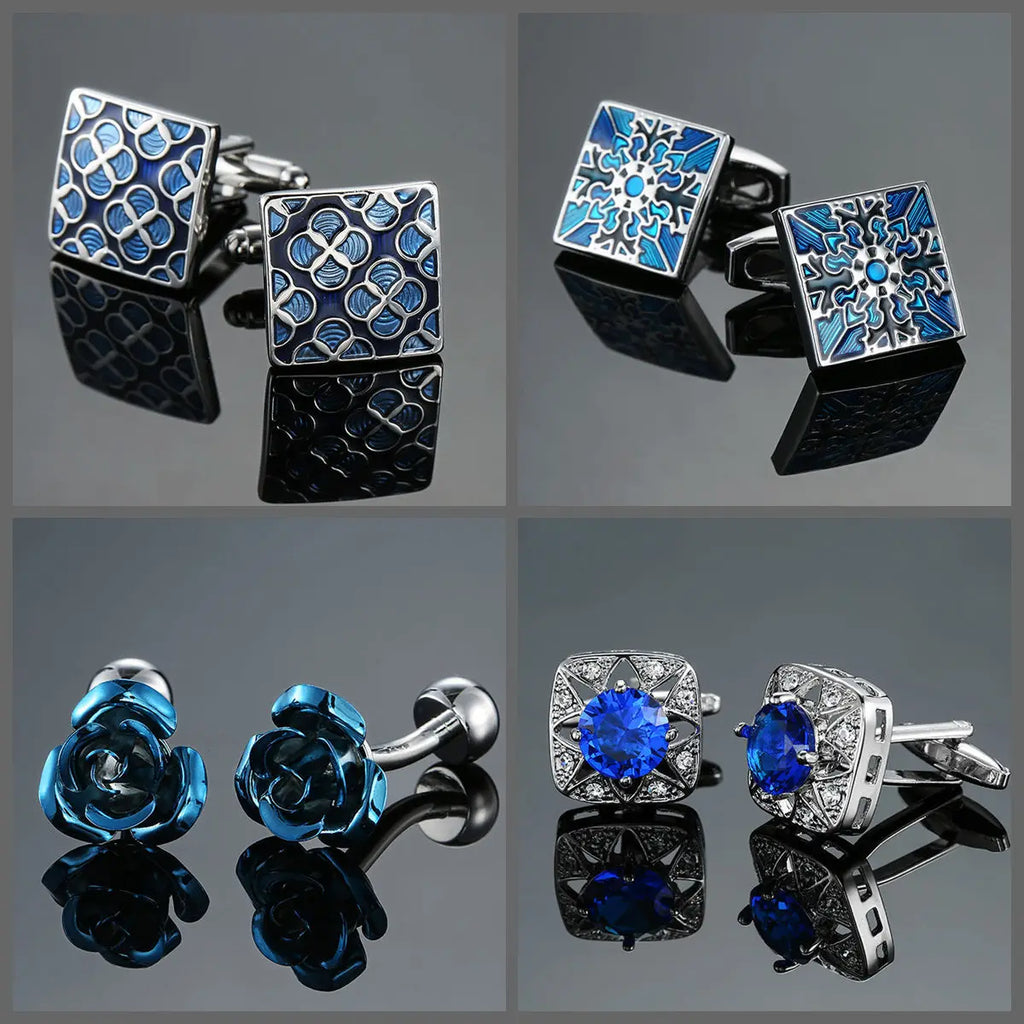 Luxury blue retro metal cufflinks for men with French square design, perfect for wedding or business shirt accessories.