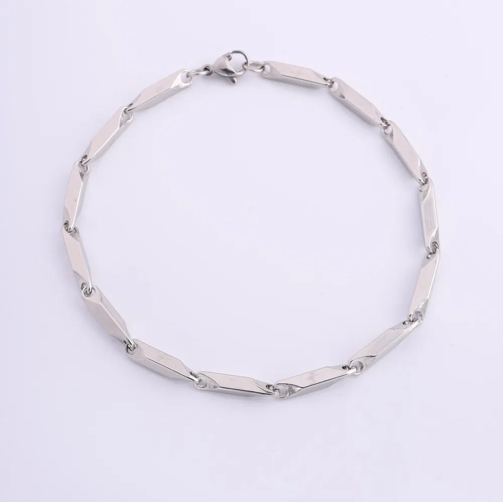 Mens geometric rhombus chain bracelet with stainless steel links, casual style, adjustable length, by Memories but Unique.