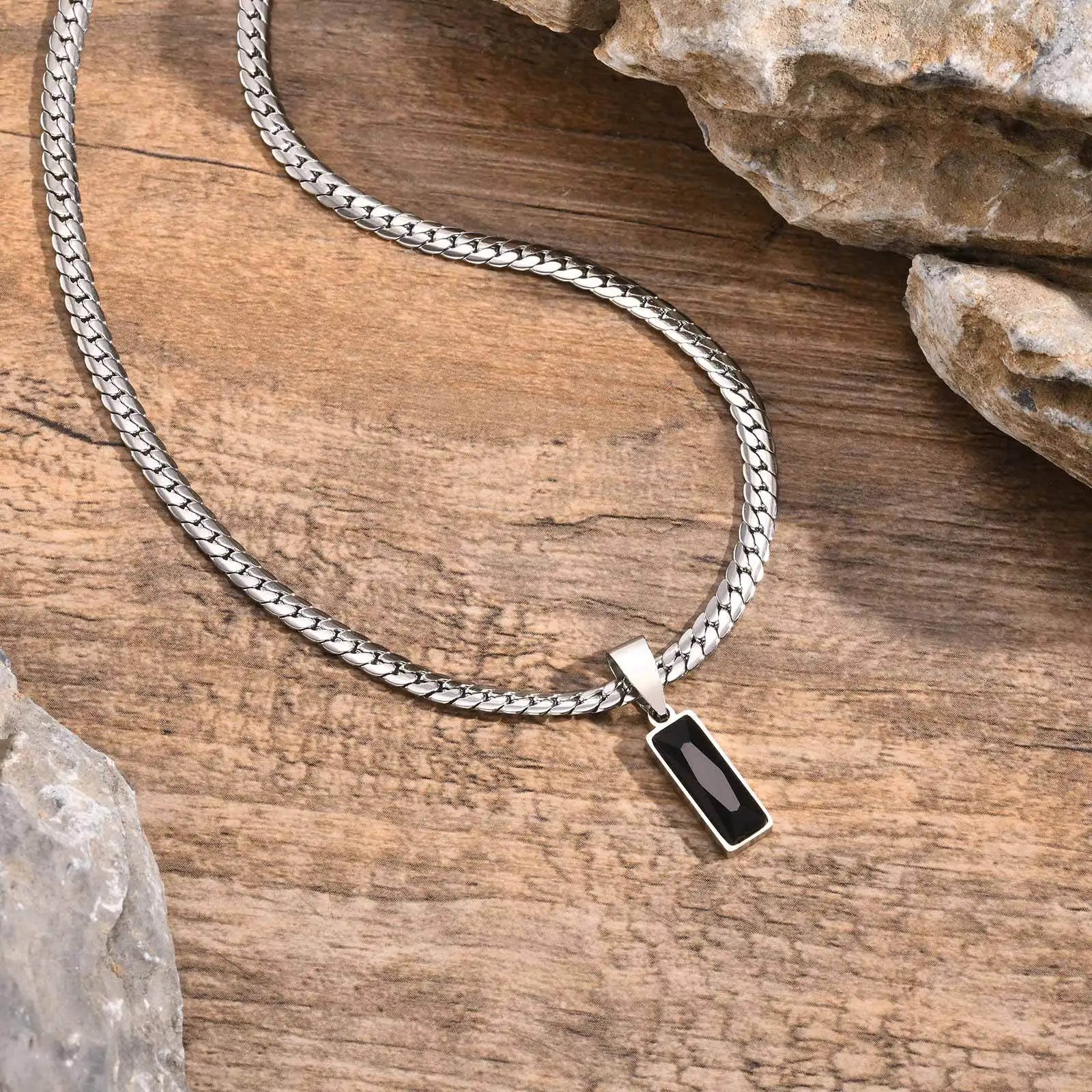 Stylish men's geometric stone pendant necklace with stainless steel flat Cuban chain, hip hop jewelry for men and boys.