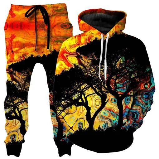 Colorful abstract mandala 3D print hoodie and sweatpants set for men, featuring vibrant designs from Memories but Unique.