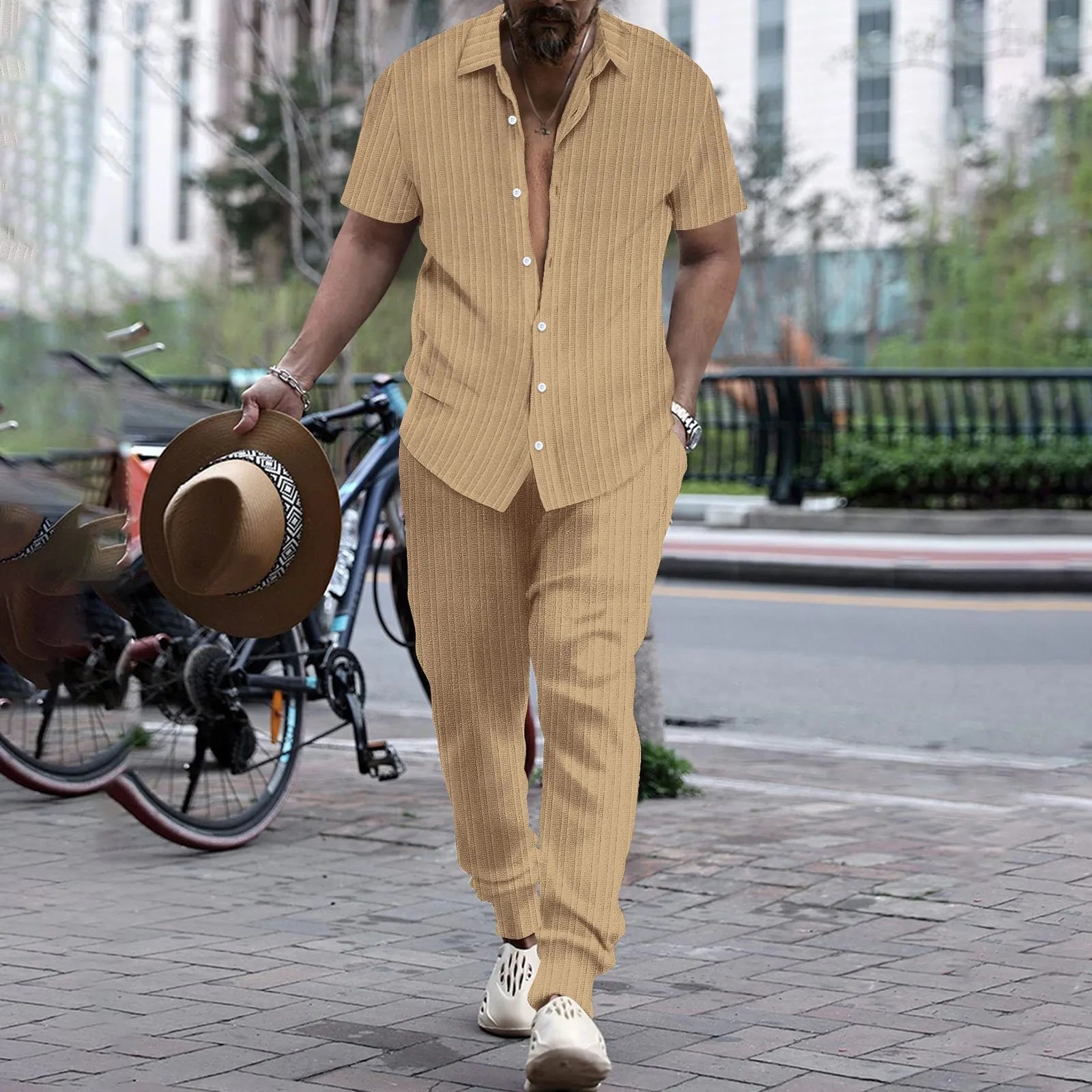 Men's casual short sleeve shirt and beach suit set featuring a cardigan blouse top and pants, stylish summer fashion by Memories but unique.