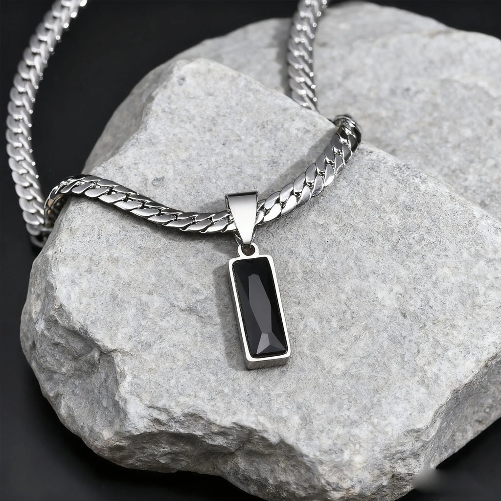 Stylish men's geometric stone pendant necklace with stainless steel flat Cuban chain, hip hop jewelry for him and boys.