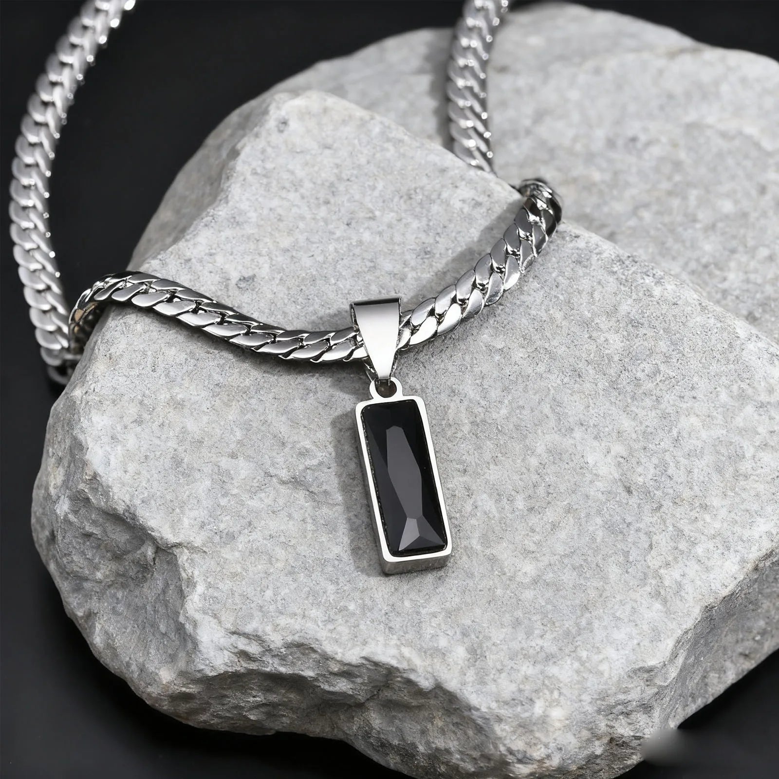 Stylish men's geometric stone pendant necklace with stainless steel flat Cuban chain, hip hop jewelry for him and boys.