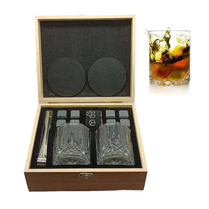 Set of 8 granite whiskey stones, 2 glasses in wooden box, ideal for Father's Day gift for men, by Memories but Unique.