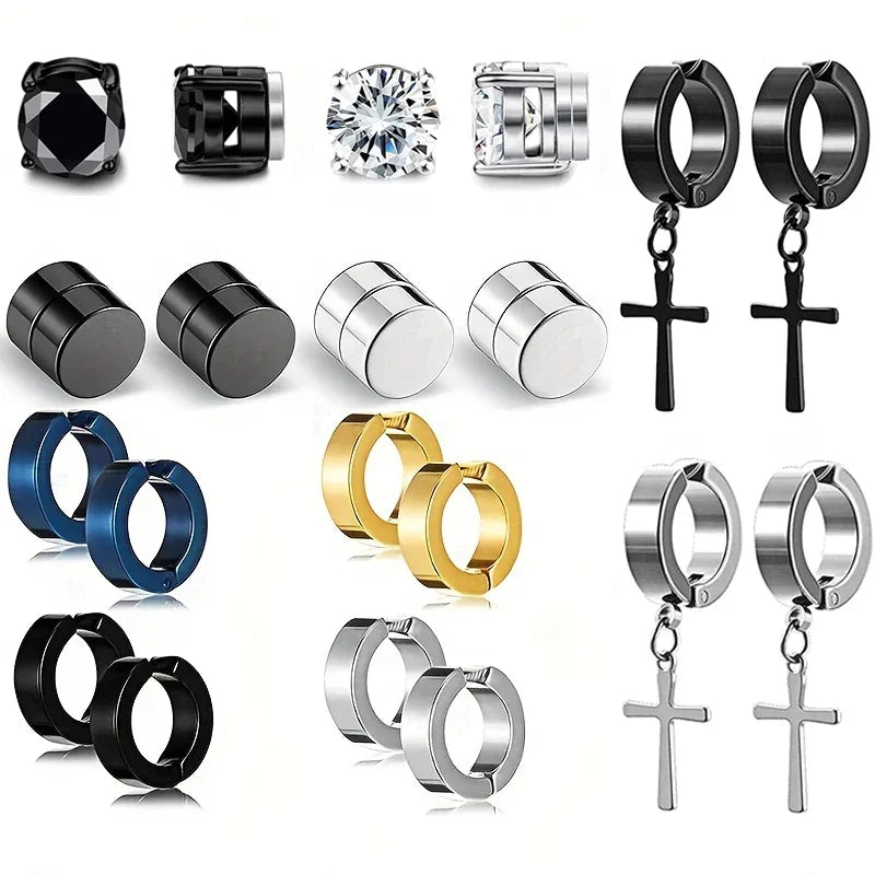 Two punk-style magnetic ear stud sets by Memories but Unique, featuring fake cross earrings for men and boys.