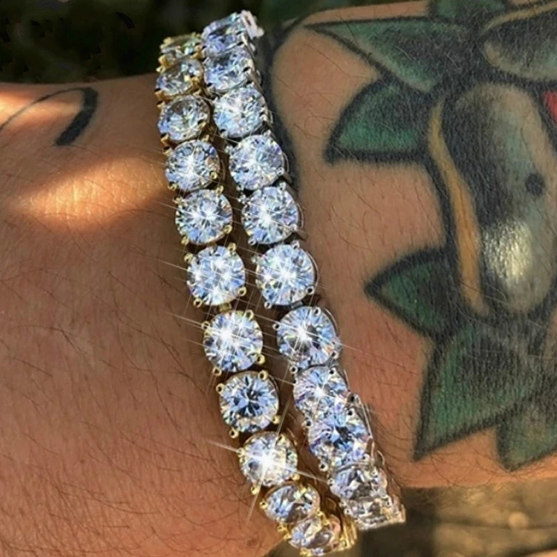 Iced out hip-hop tennis bracelet for men with cubic zirconia stones, showcasing a streetwear crystal chain on a hand.