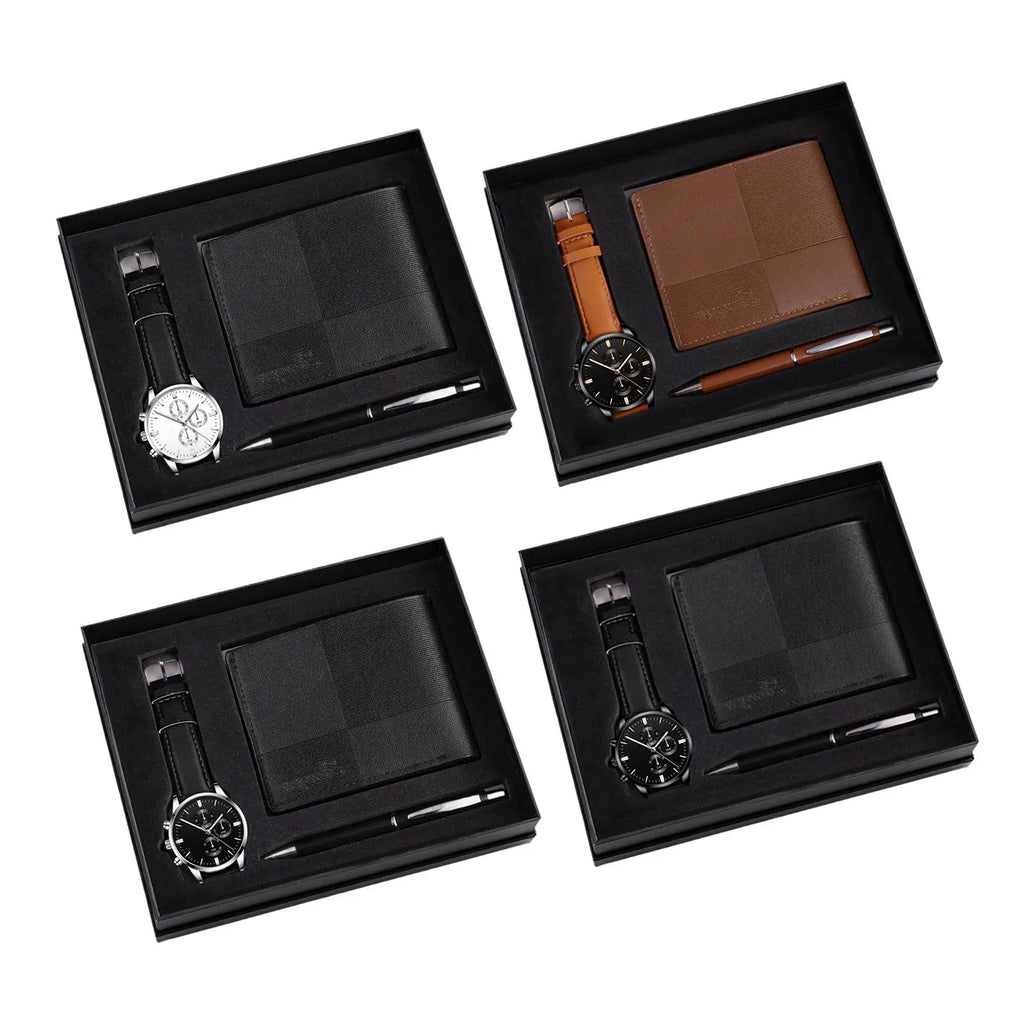 Men's gift set with stylish watch, wallet, and pen from Memories but Unique, perfect for holidays, anniversaries, or Father's Day.