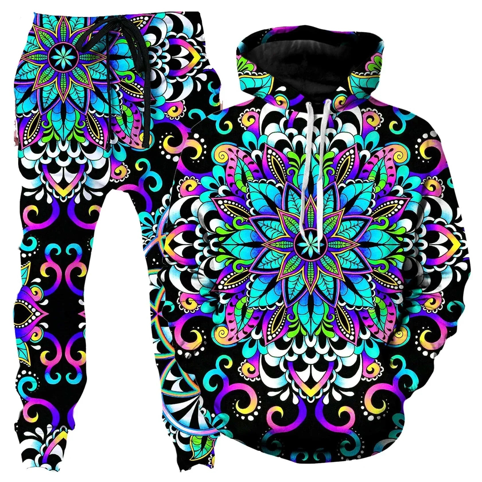 Colorful abstract mandala 3D print hoodie and sweatpants set for men, featuring vibrant designs and comfortable outdoor tracksuit style.