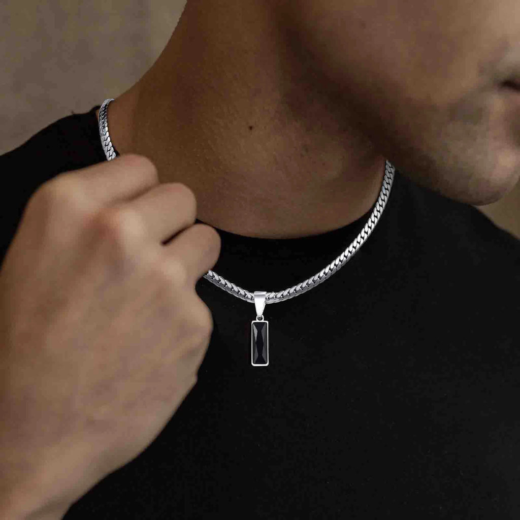 Men's geometric stone pendant necklace with stainless steel flat Cuban chain, hip hop jewelry gift for him, stylish and unique.