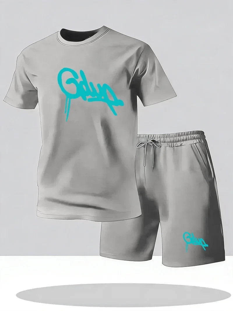 Men's casual sports shorts and T-shirt set by Memories but unique, featuring breathable fabric, retro style, and comfortable fit.