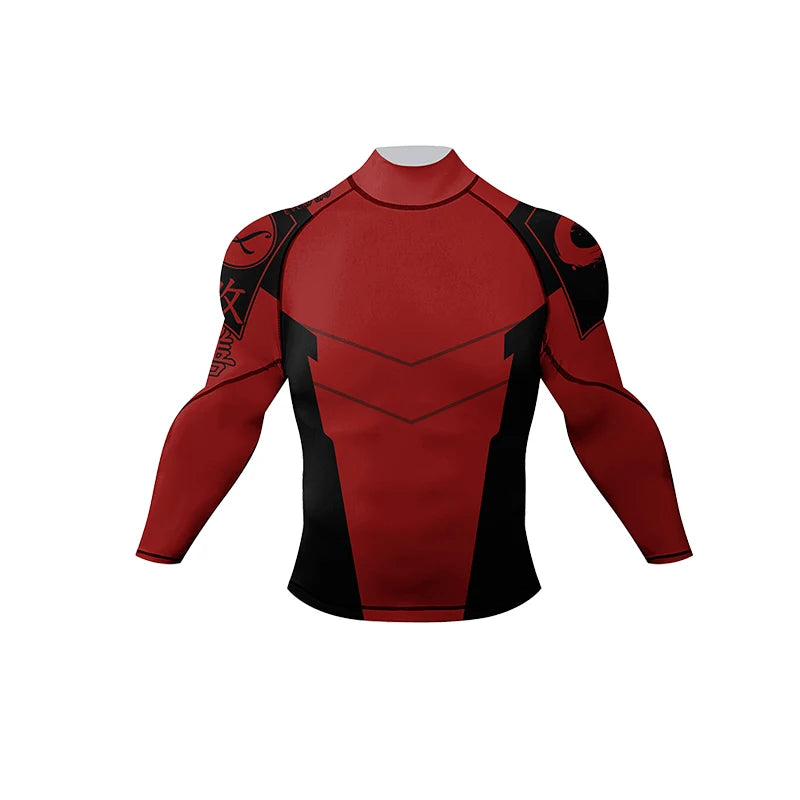 Four-piece men's BJJ rashguard set including grappling compression shirts and pants, designed for martial arts training and sports.