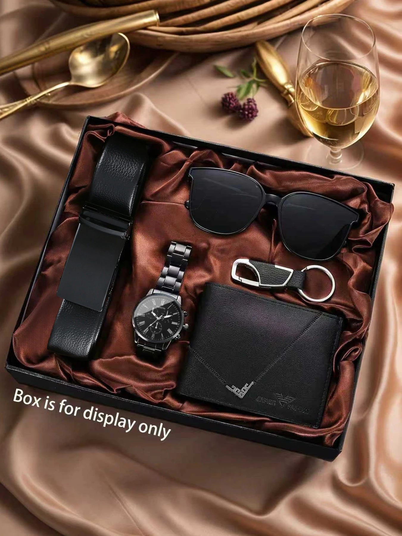 Memories but Unique men's gift set with leather wallet, belt, quartz watch, and sunglasses, ideal for Father's Day or men's gift.