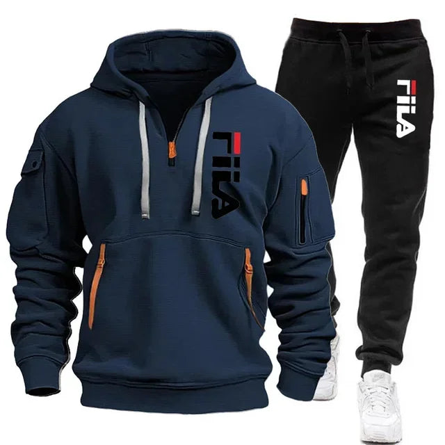 Two sets of fashionable men's sportswear with zippered hooded sweatshirt and sweatpants, ideal for casual fitness and jogging.