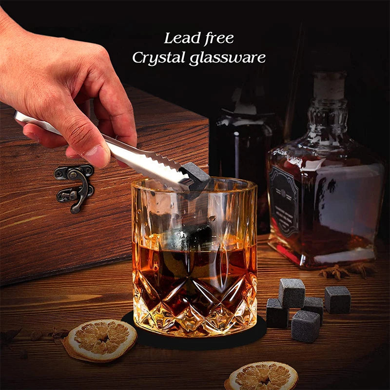 Memories but Unique whiskey stones set with 8 granite ice cubes, 2 glasses, and a wooden box for Father's Day gift for men.