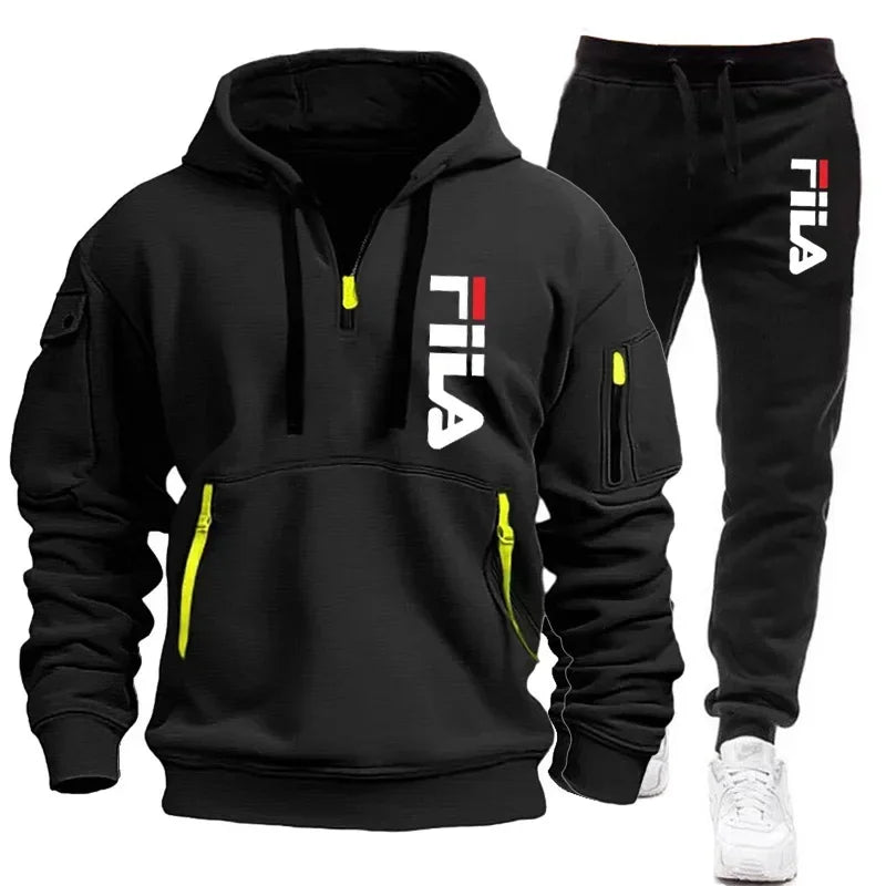 Two sets of Memories but Unique men's sportswear including a zippered hooded sweatshirt and sweatpants for casual fitness and jogging.