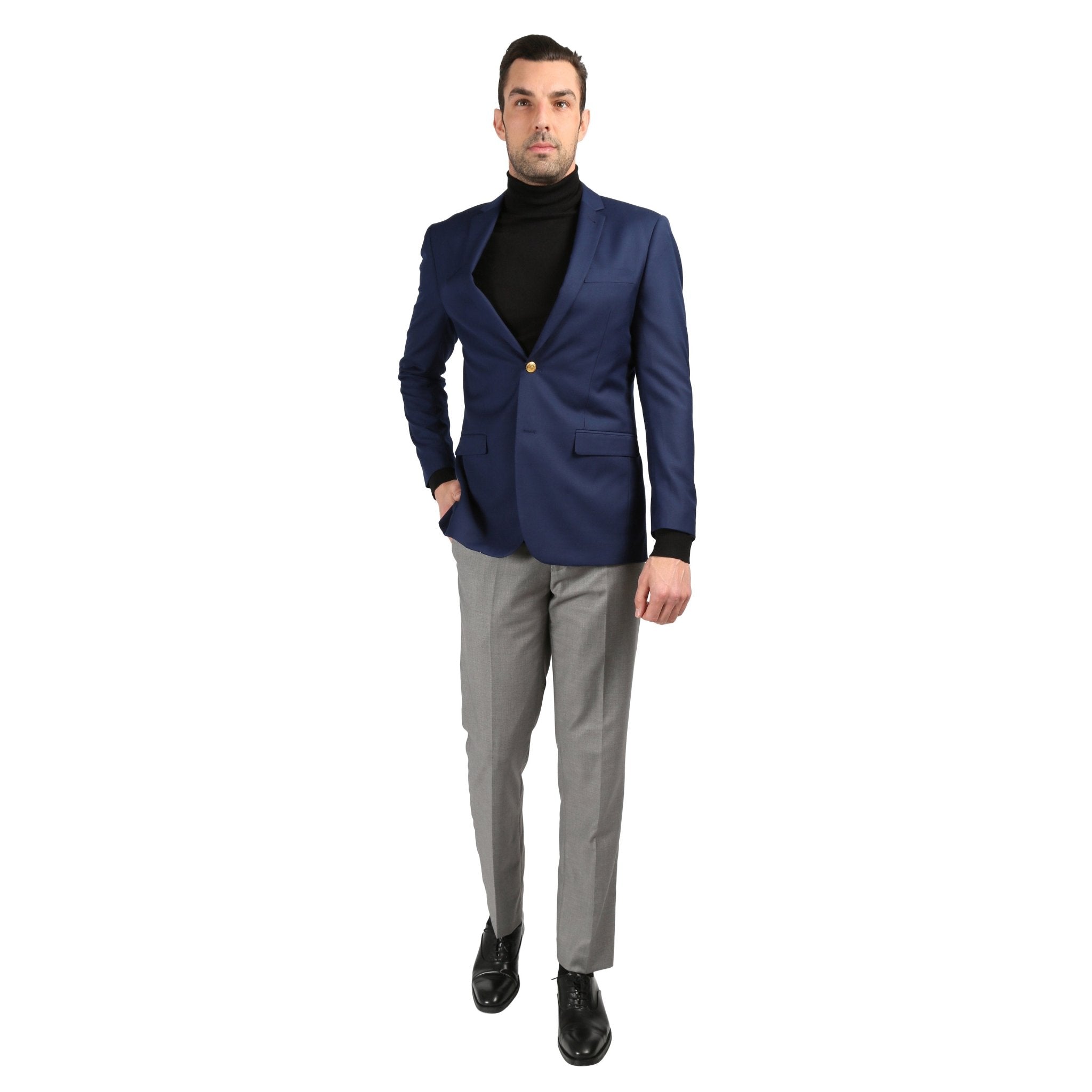 Men's navy slim fit blazer by Ferrecci with gold buttons, tailored fit, and classic lapel, shown on a mannequin.