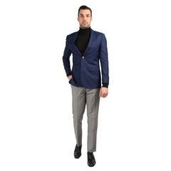 Men's navy slim fit blazer by Ferrecci with gold buttons, tailored fit, and classic lapel, shown on a mannequin.