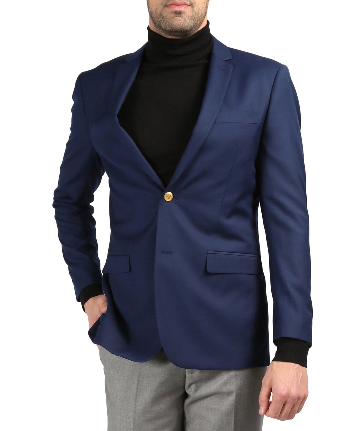 Men's navy slim fit blazer by Ferrecci featuring gold buttons, tailored lapels, and classic blazer design.