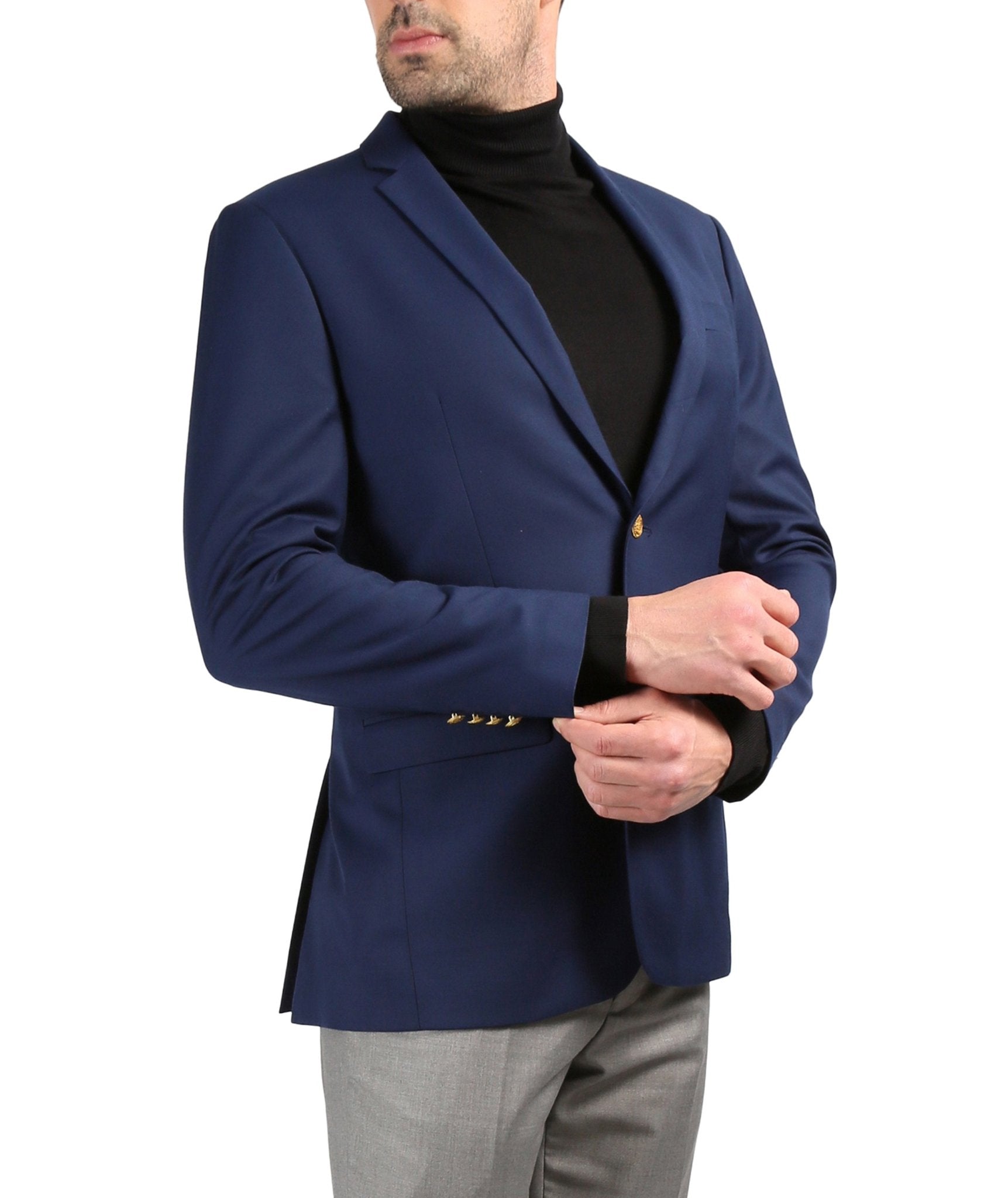 Men's navy blazer by Ferrecci featuring gold buttons, slim fit design, tailored for a sharp, modern look.