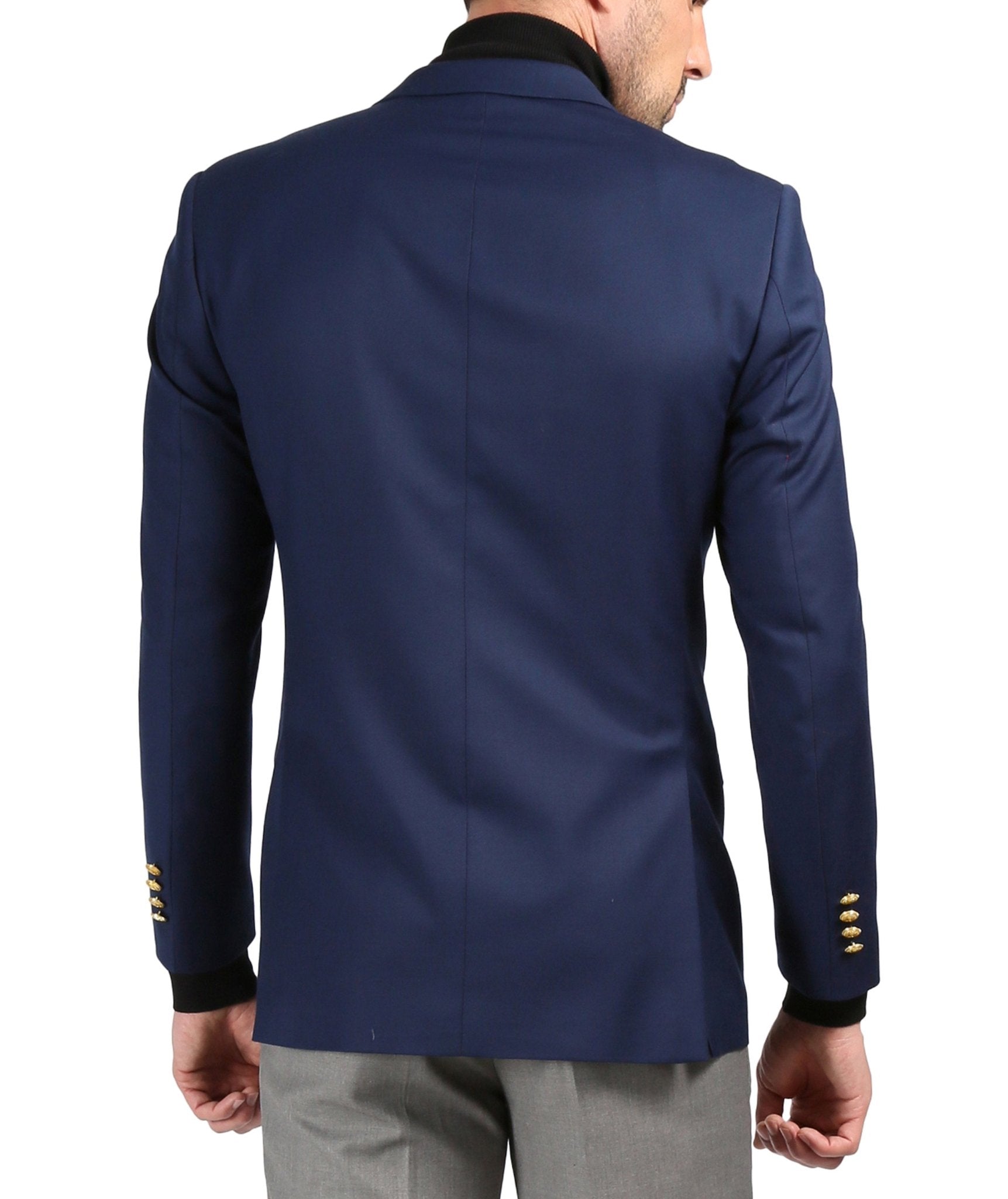 Men's navy slim fit blazer by Ferrecci featuring gold buttons and tailored design, displayed on a hanger.