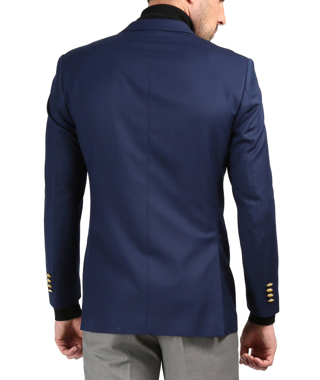 Men's navy slim fit blazer by Ferrecci featuring gold buttons and tailored design, displayed on a hanger.