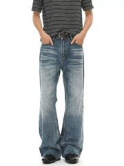 Men's vintage wash flare jeans with raw hem and pockets by Trendsi, shown with a relaxed fit and classic denim texture.