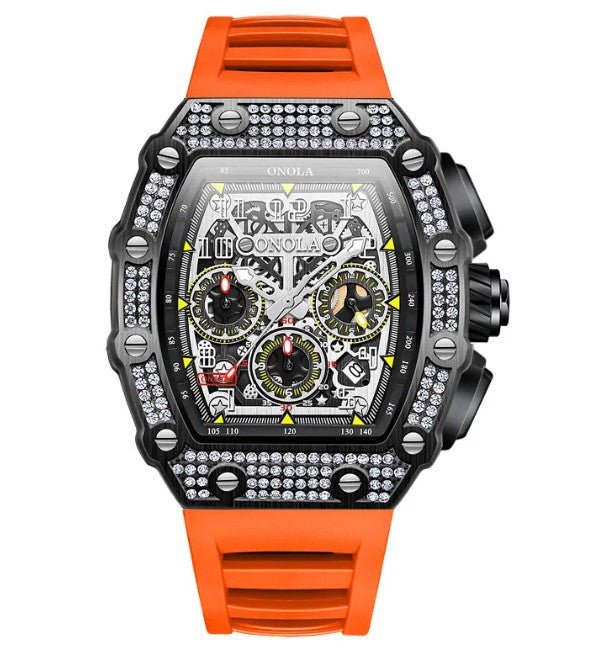 Memory-themed ONOLA men's watch with a sleek design and analog display, featuring unique details on a black leather strap.
