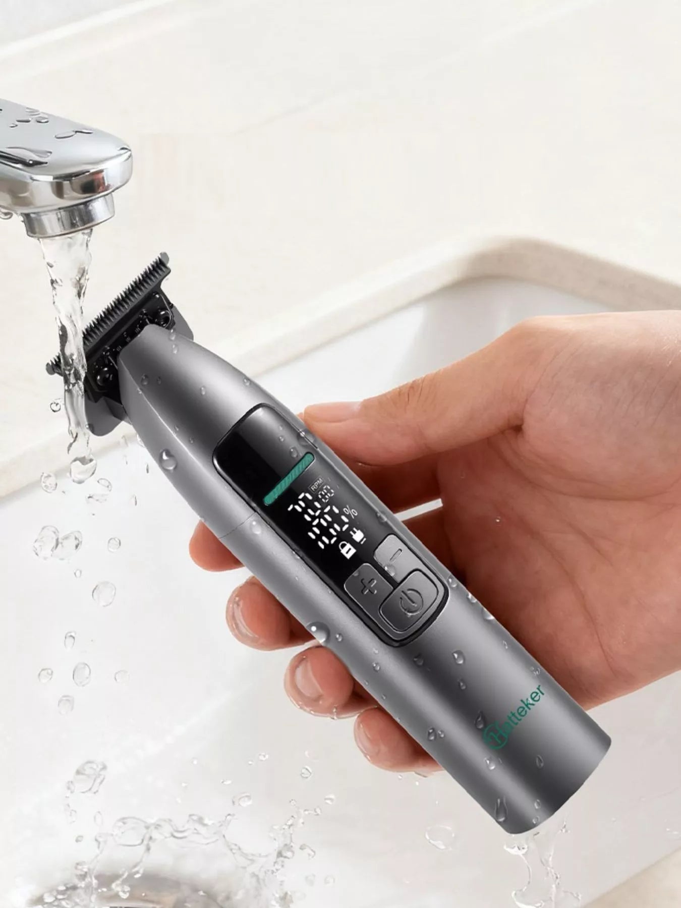Rechargeable cordless hair clipper with LED display, waterproof design, portable Trendsi hair grooming tool with adjustable blades.