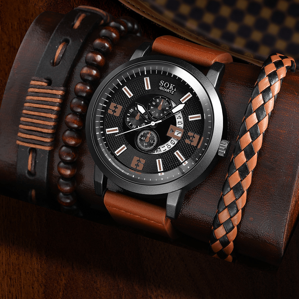 Men's Business Quartz Watch set by Memories but Unique, featuring a sleek watch with leather strap and matching jewelry accessories.