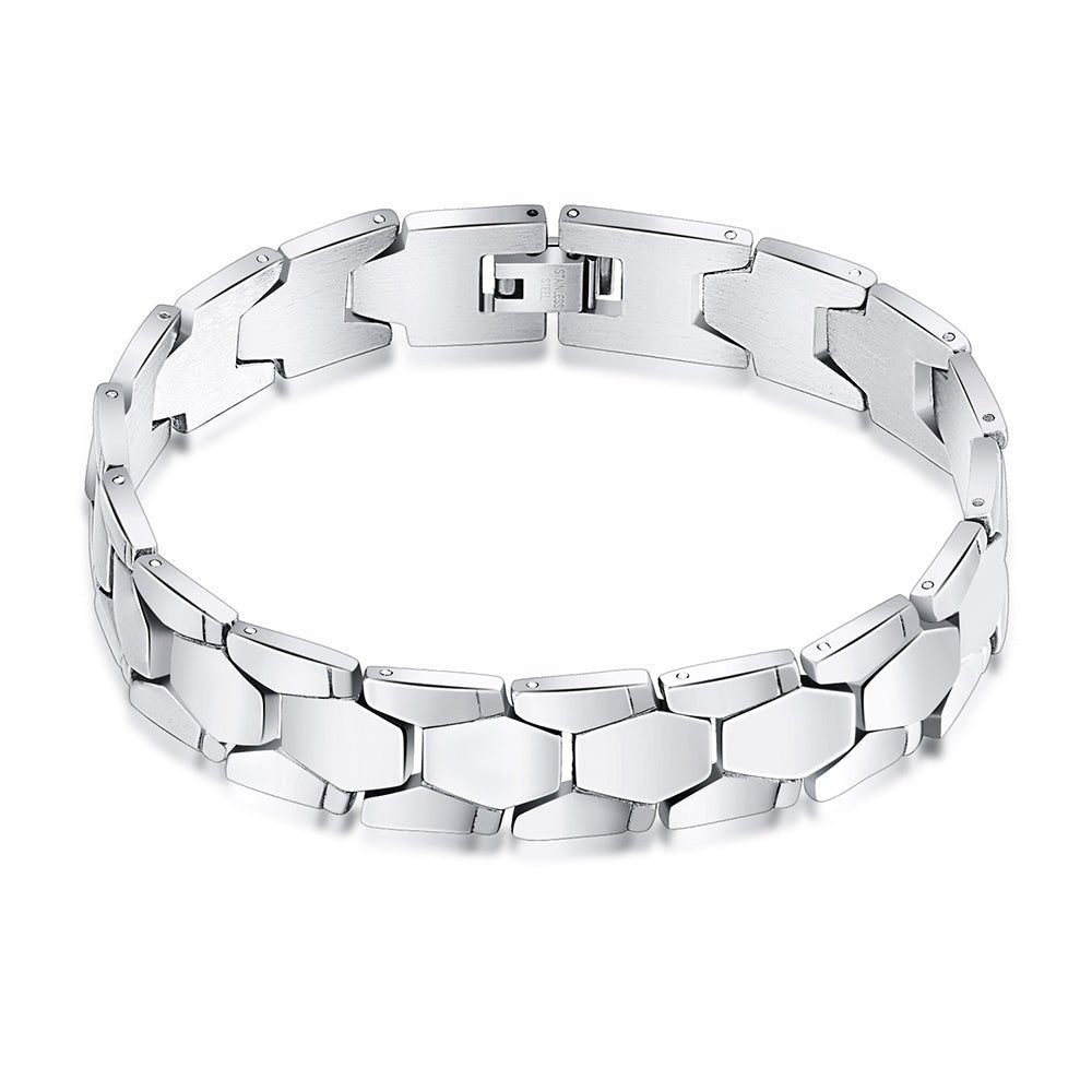 Men's stainless steel bracelet with gold edge, stylish men's jewelry featuring a sleek design and modern metal finish.