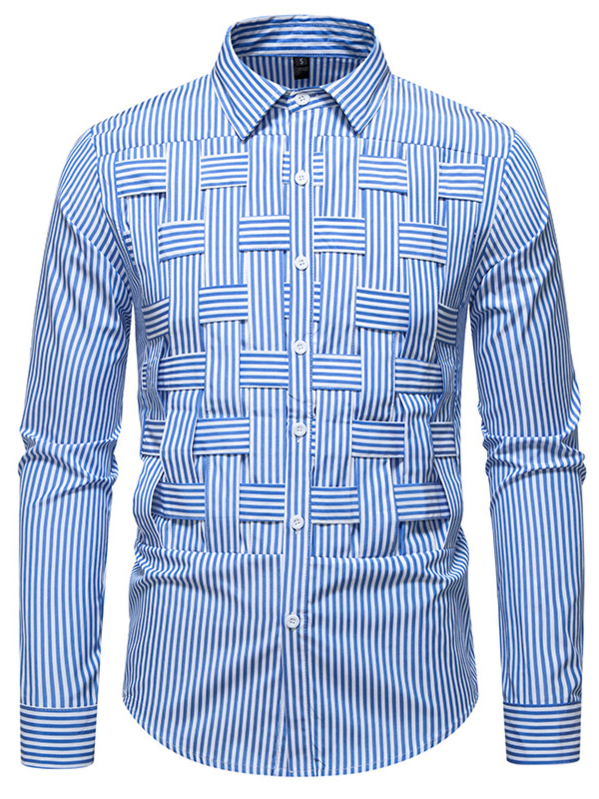 Men's long sleeve woven shirt with striped pattern, cotton blend, button-down style from Trendsi.
