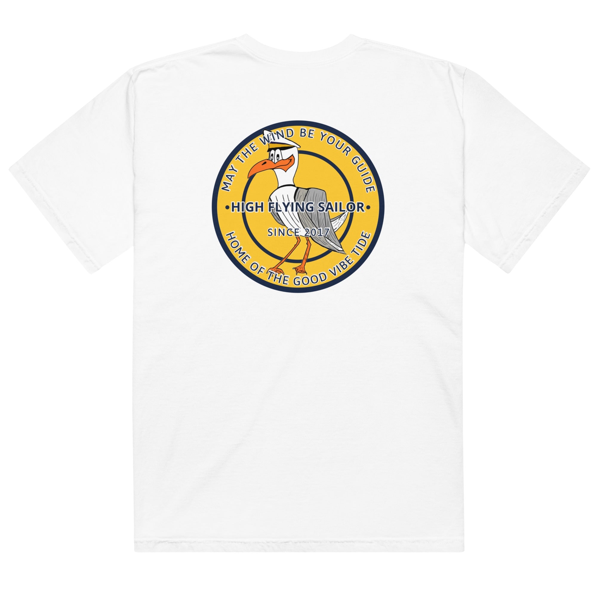 Men’s High Flying Sailor heavyweight T-shirt by Memories but Unique, featuring nautical sailor graphic on soft cotton fabric.