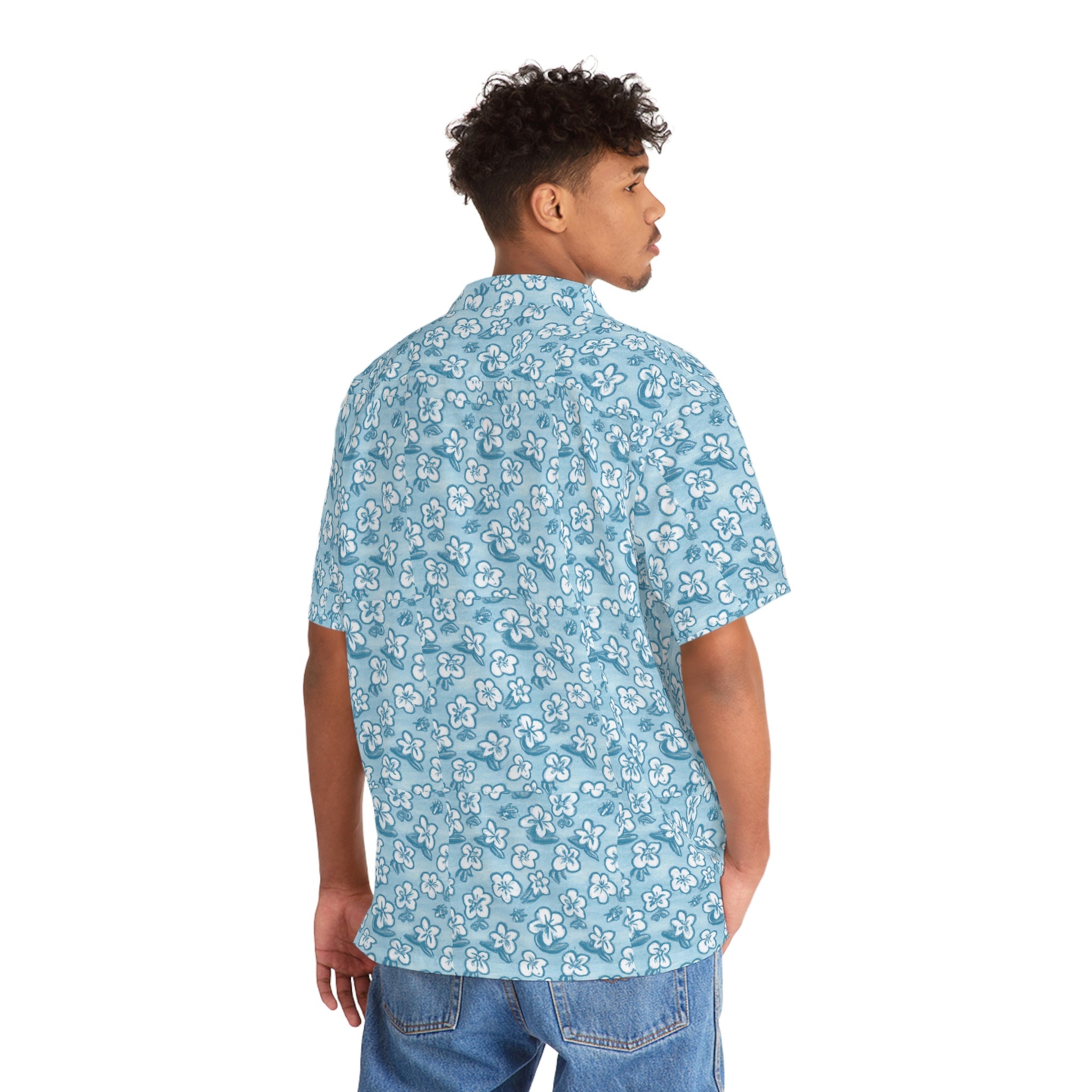 Men's azul tropical flower Hawaiian shirt with vibrant floral pattern, lightweight fabric, and classic short-sleeve design.