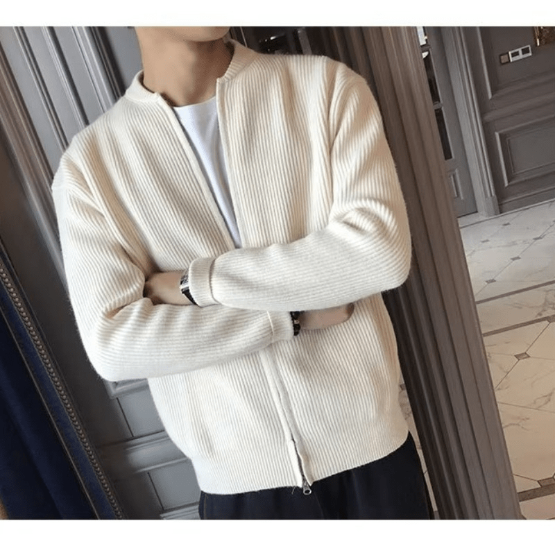 Men's Memories but Unique cardigan, navy blue knit with front buttons, long sleeves, and ribbed cuffs, displayed on a hanger.