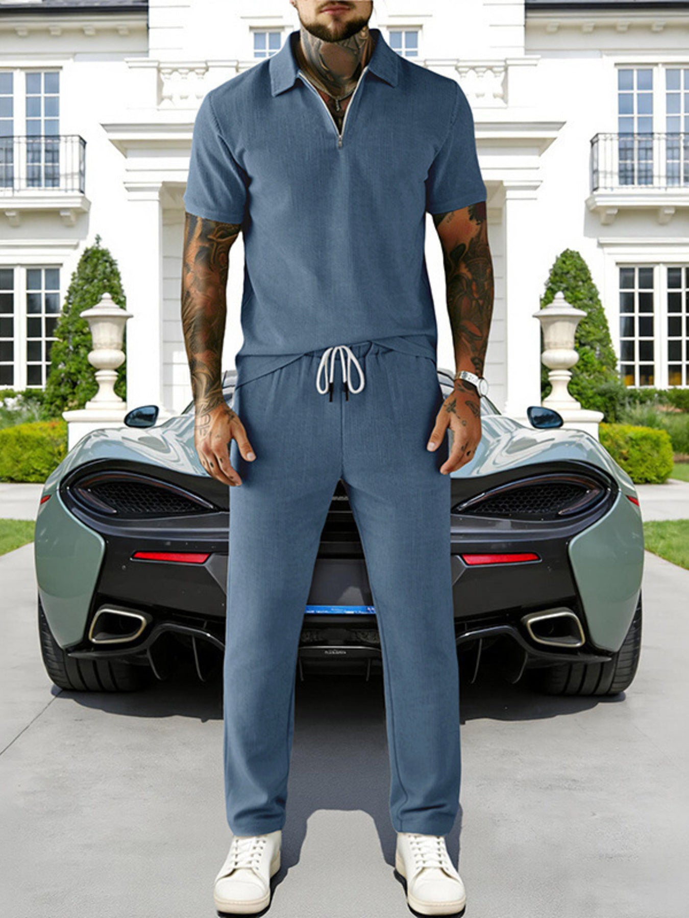 Men's plus size casual zipper polo shirt and drawstring pants set by Trendsi, featuring comfortable fit and stylish design.