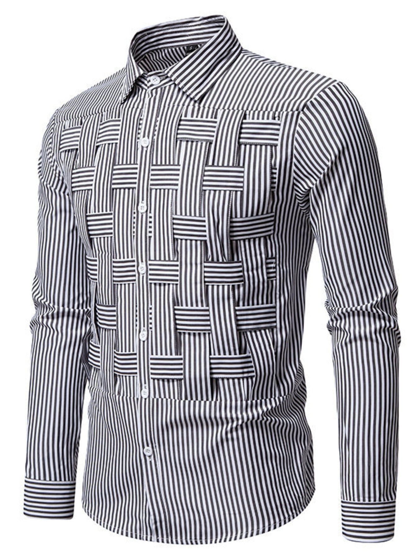 Men's striped woven pattern long sleeve shirt by Trendsi, cotton blend button-down with stylish horizontal stripes and classic collar.