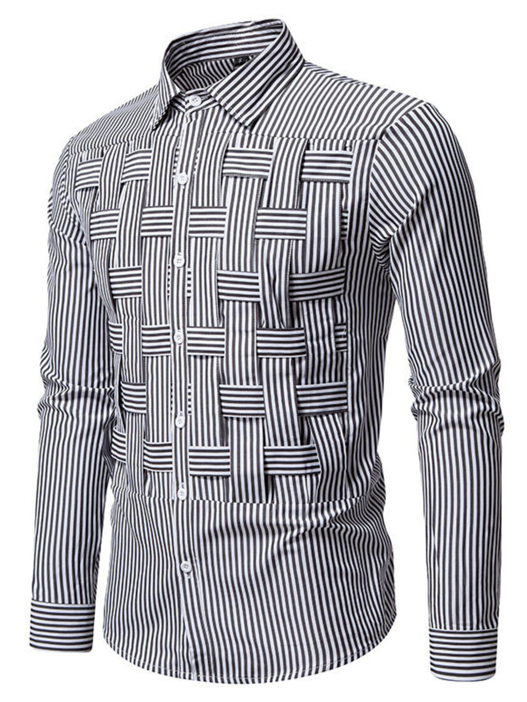 Men's striped woven pattern long sleeve shirt by Trendsi, cotton blend button-down with stylish horizontal stripes and classic collar.