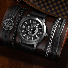 Men's business quartz watch set by Memories but Unique, featuring a sleek black strap and classic round dial in elegant jewelry style.