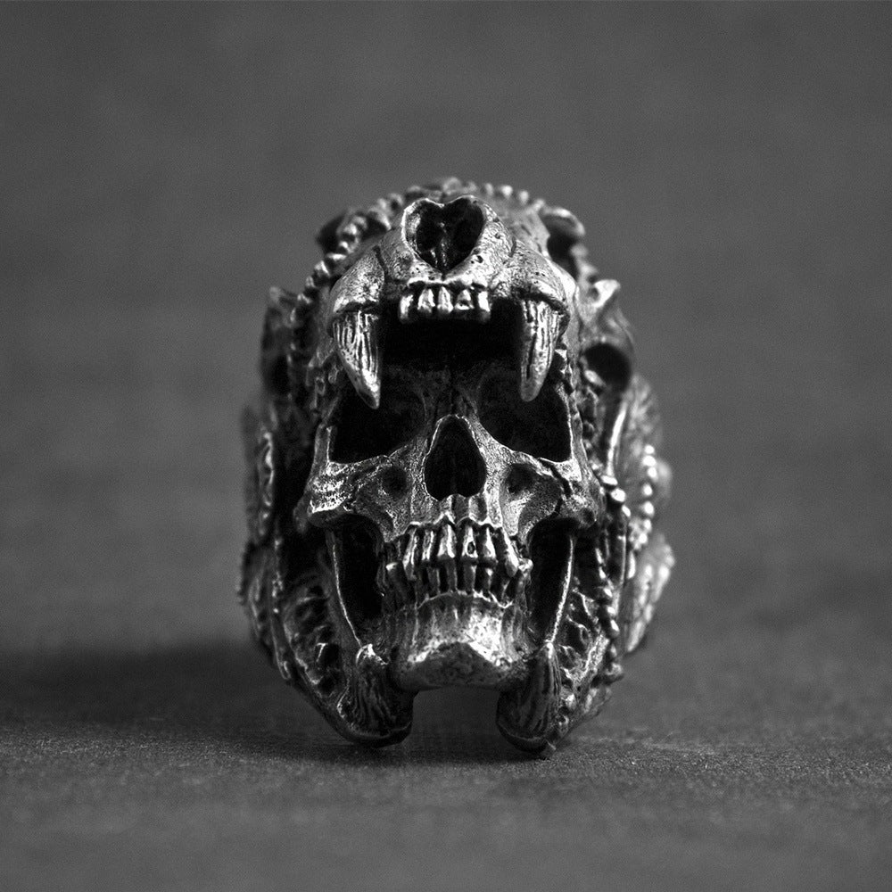 Punk Skull Men's Gothic Ring by Memories but Unique featuring a detailed skull design on a silver-tone band.